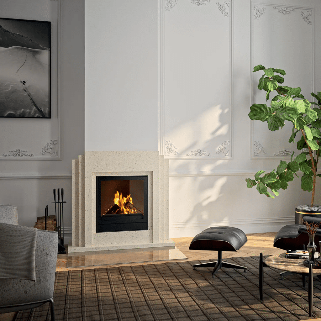 Cheminée pierre granite blanc insert noir carré