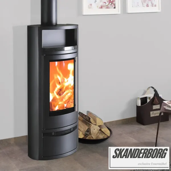 Poêle à bois noir avec niche maintien au chaud pierre de lave noire