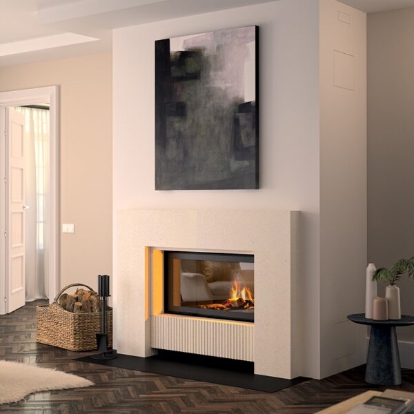 Cheminée moderne blanche habillage pierre blanche lisse brillante foyer noir