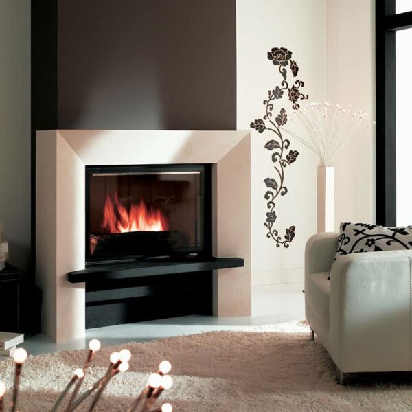 Cheminée bois habillage pierre style minimaliste coloris blanc et noir
