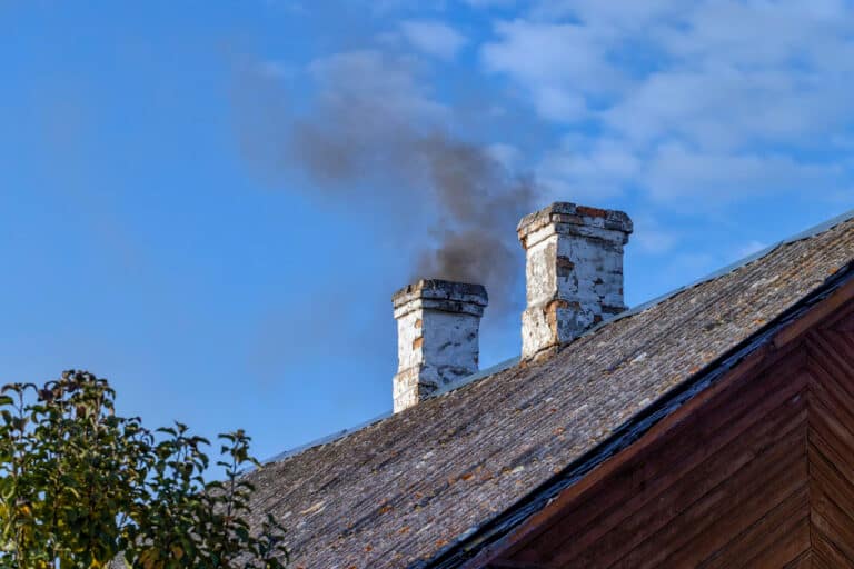 Fumée s’échappant d’une ancienne cheminée sur le toit d’une maison.