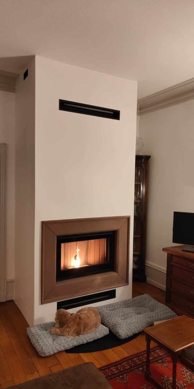 Cheminée à bois nouvellement créée avec des finitions soignées pour un intérieur chaleureux et raffiné