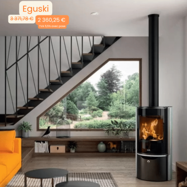 Modern living room with a black freestanding wood stove, an orange sofa, and a large window looking out to a green garden.