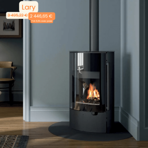 Modern black freestanding stove with glass door burning fire in a living room, price tag hovering above (€2,446.65 incl. VAT).