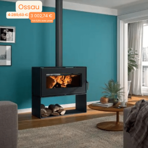 Modern living room with a black wood stove on a stand, teal accent wall, and logs stored beneath the stove.